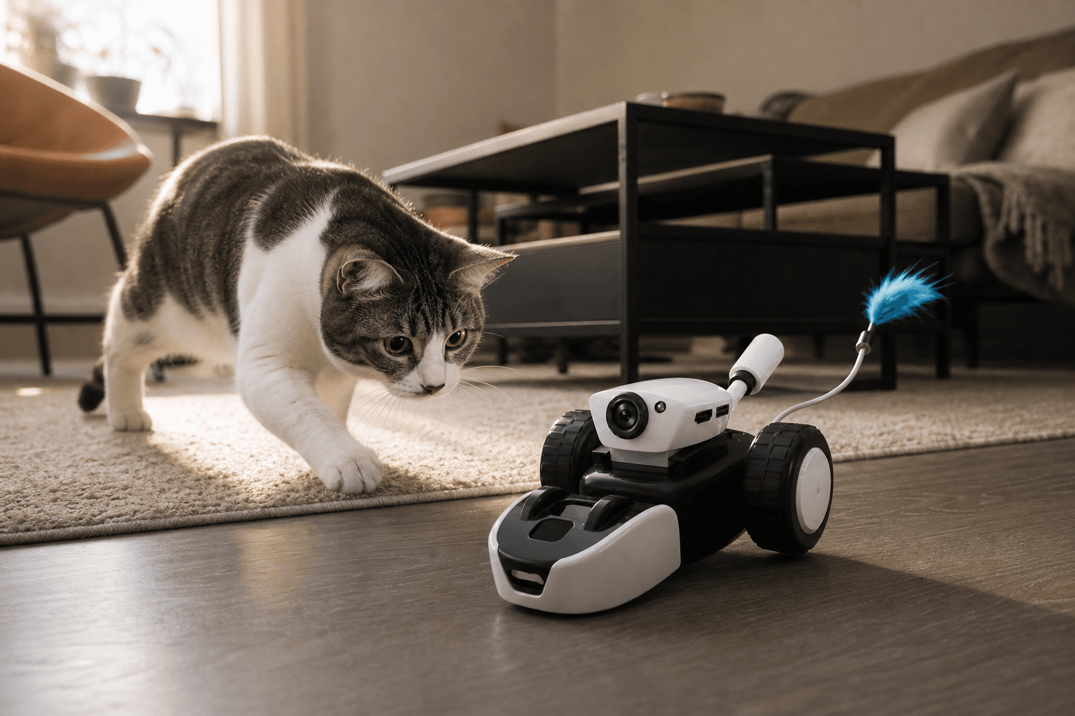 Mousr playing with a cat in a real home