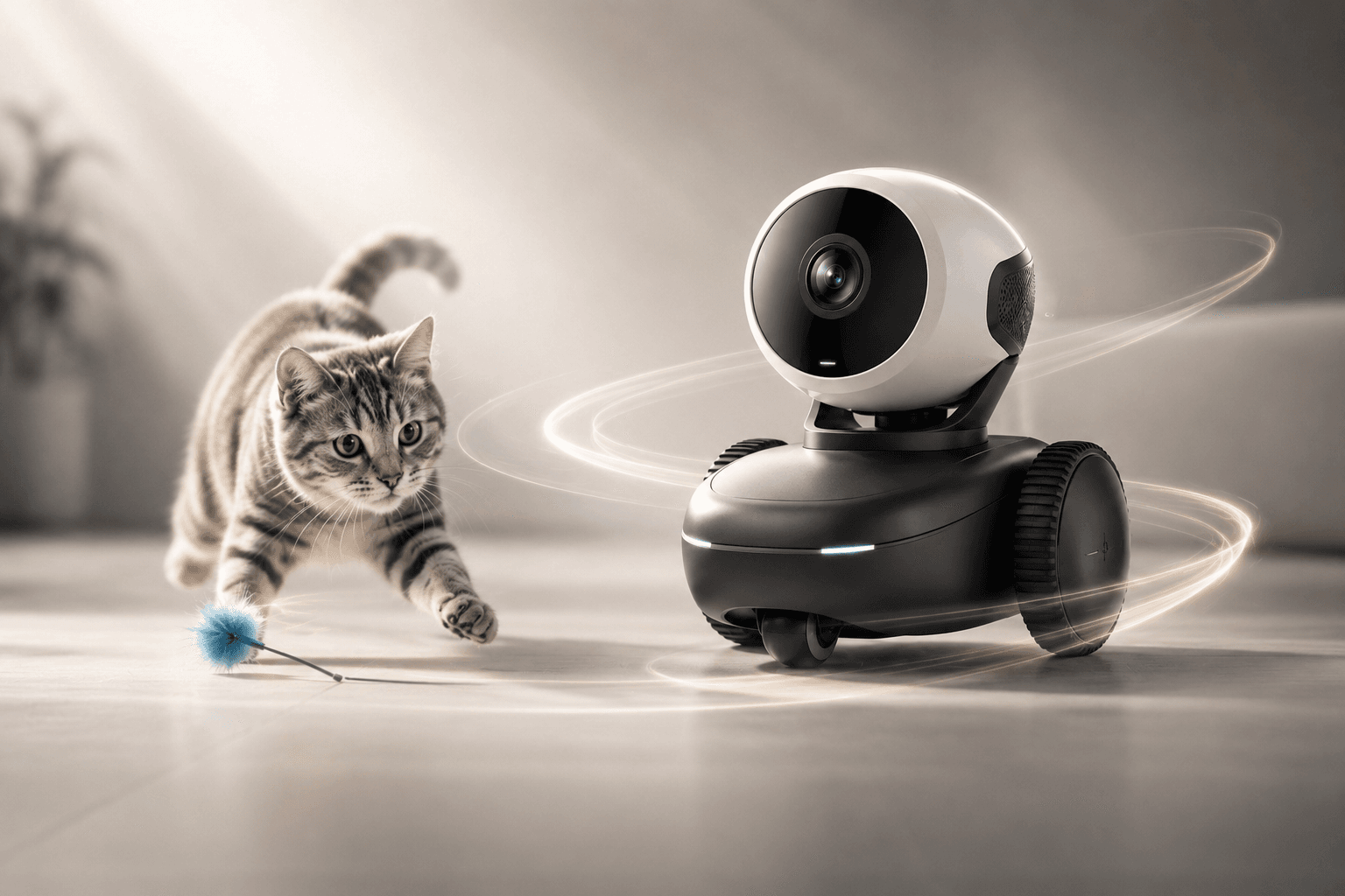 Wheeled 360 degree camera concept in a home with a cat