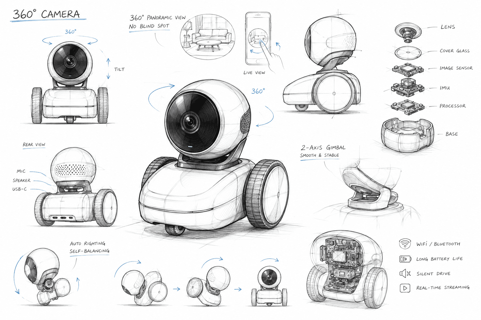 Sketch sheet for a wheeled 360 degree camera concept
