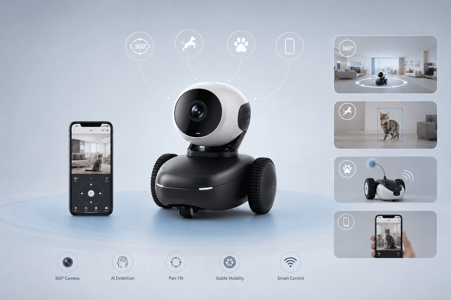 360 degree home camera concept with phone control and feature system