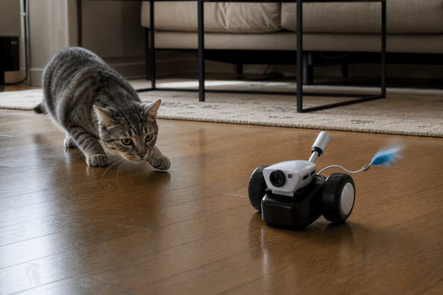 Cat stalking Mousr during an at-home test