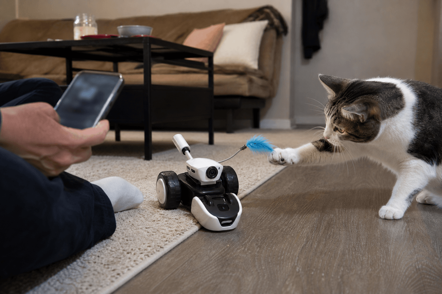 Owner guiding Mousr while a cat reaches for its feather tail