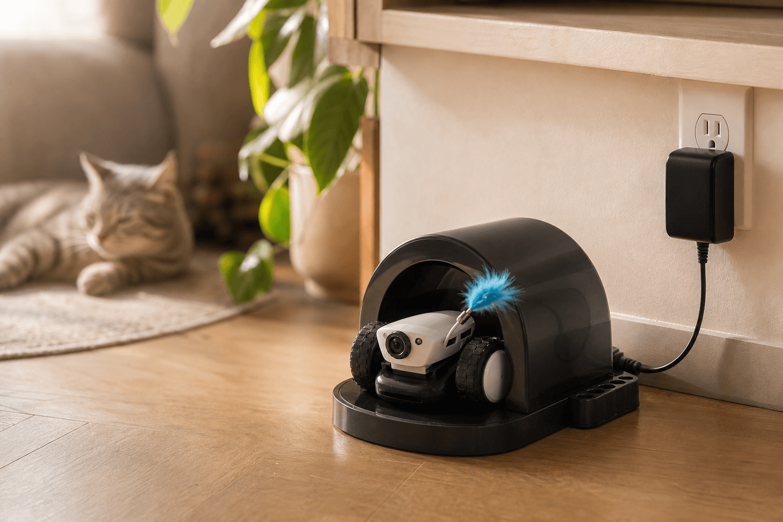 Mousr resting in its charging dock near a cat