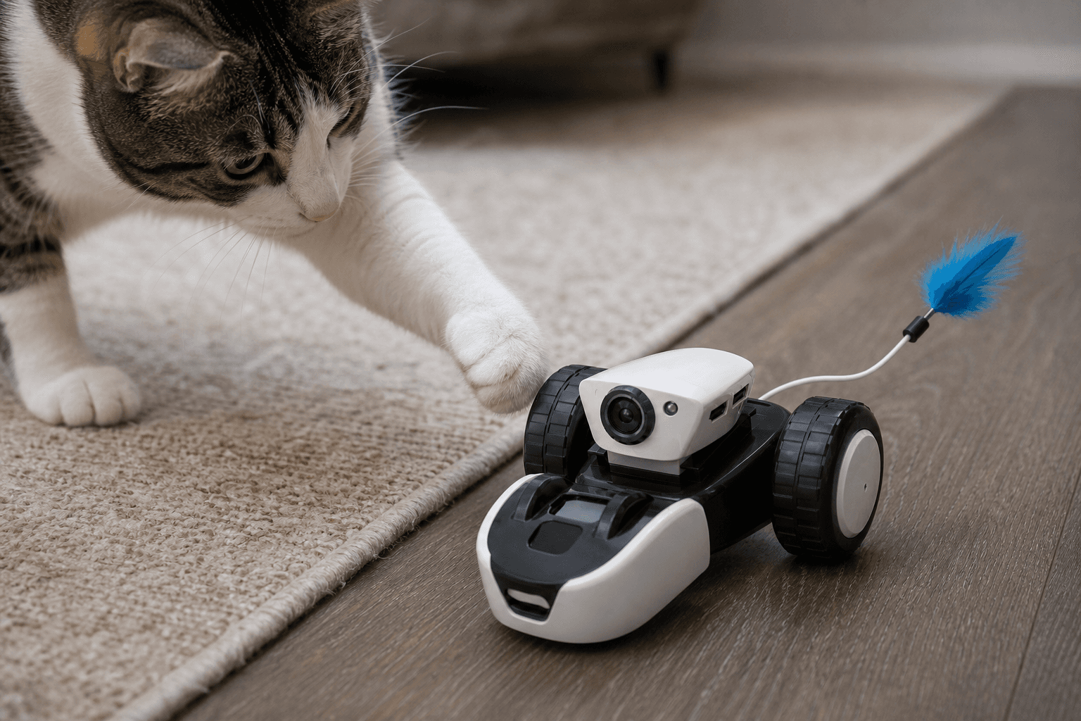 Cat inspecting Mousr at a rug edge
