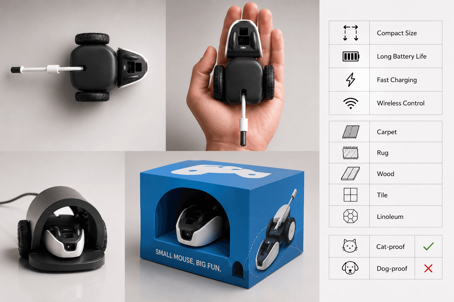 Mousr shown in hand, in its charging dock, and in packaging