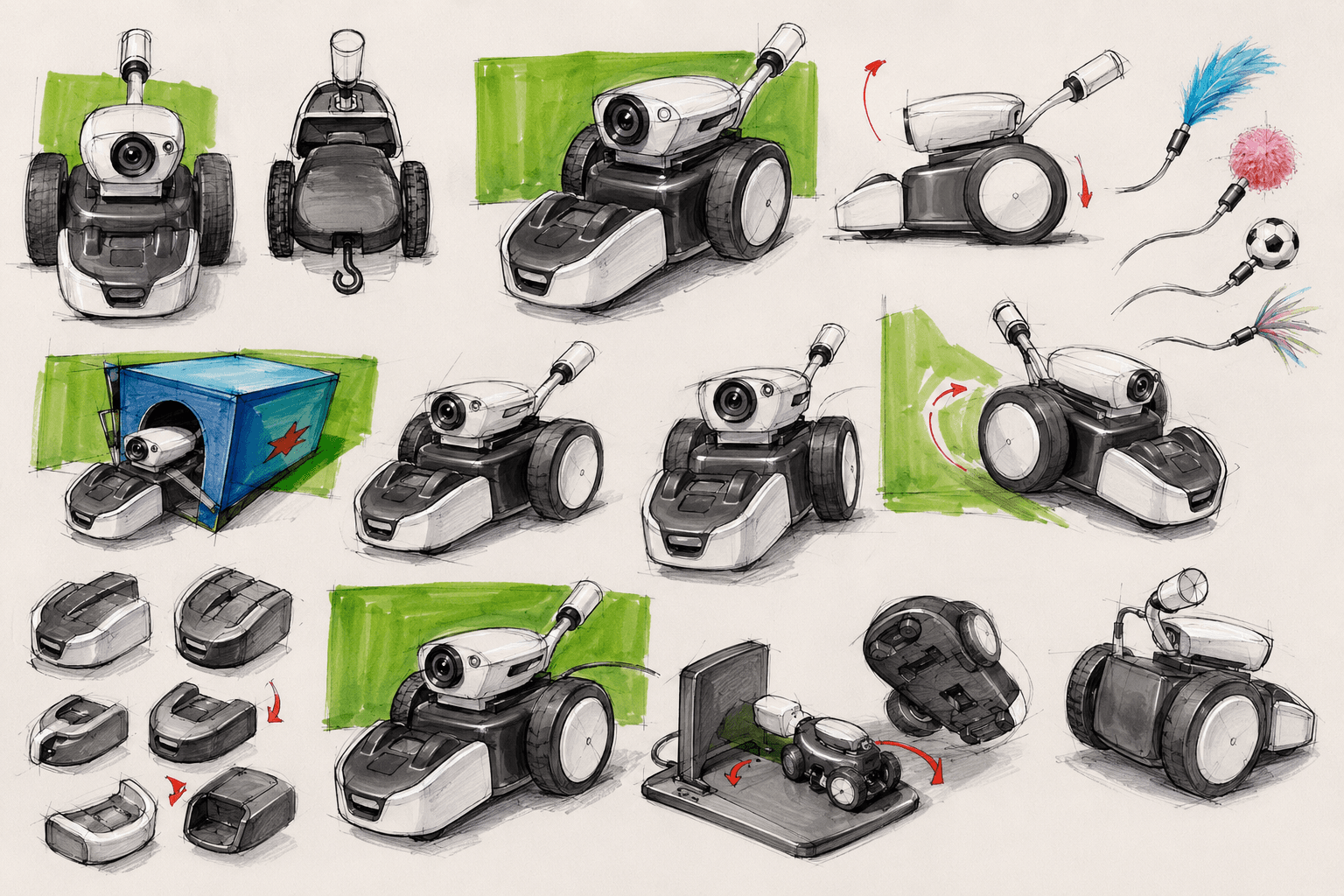 Mousr marker sketches exploring body, tails, and charging dock