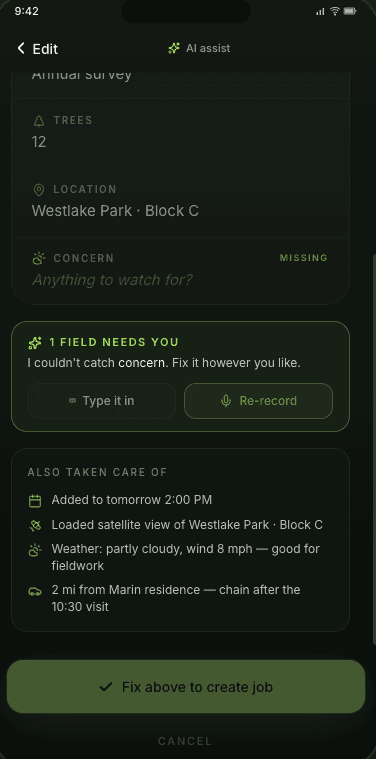 TreeOwl AI job confirmation and missing field prompt