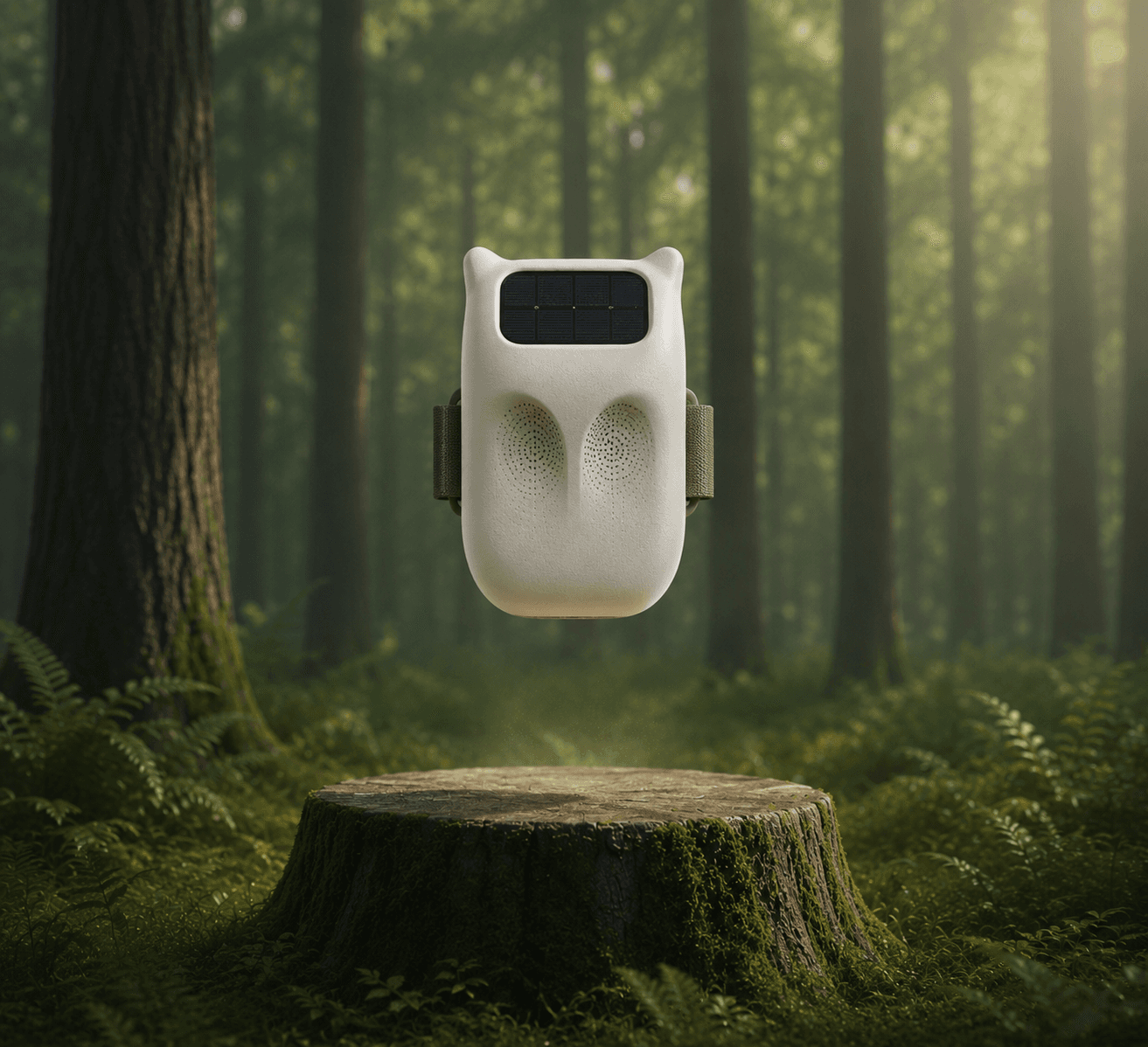 TreeOwl solar sensor hovering above a forest stump