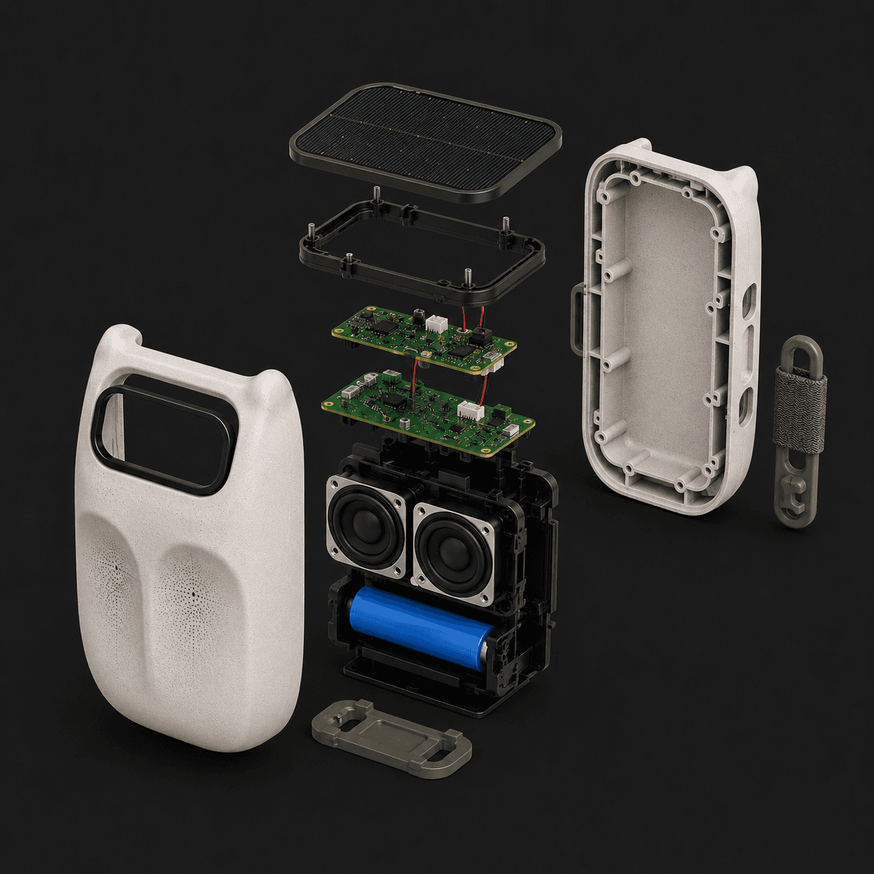 Exploded view of TreeOwl enclosure, solar panel, electronics, battery, and strap
