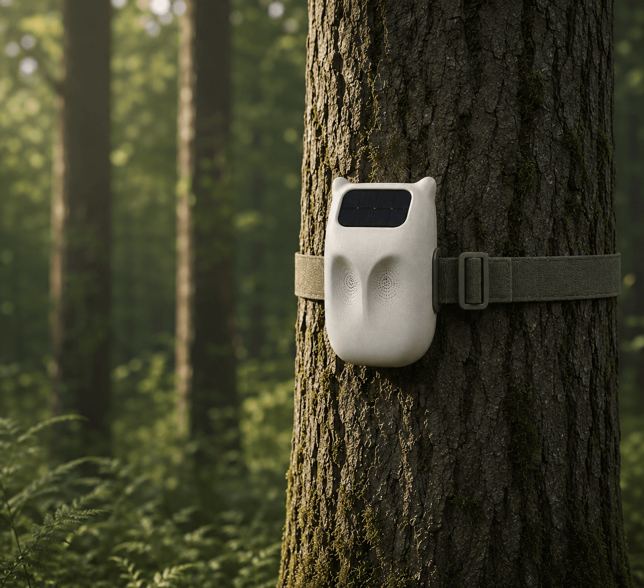TreeOwl context study on a trunk in a forest