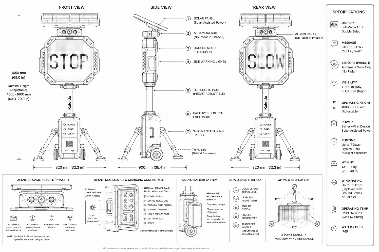 Kaleido industrial-design drawing showing display, mast, base, sensing, and power interfaces