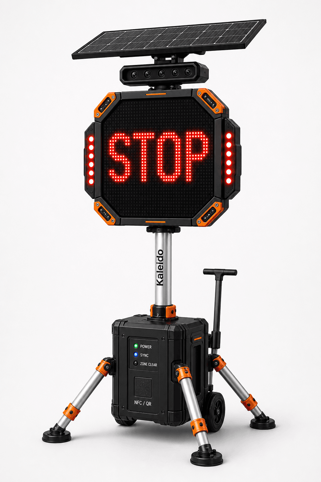 Kaleido final front render showing the active roadside message and operational stack