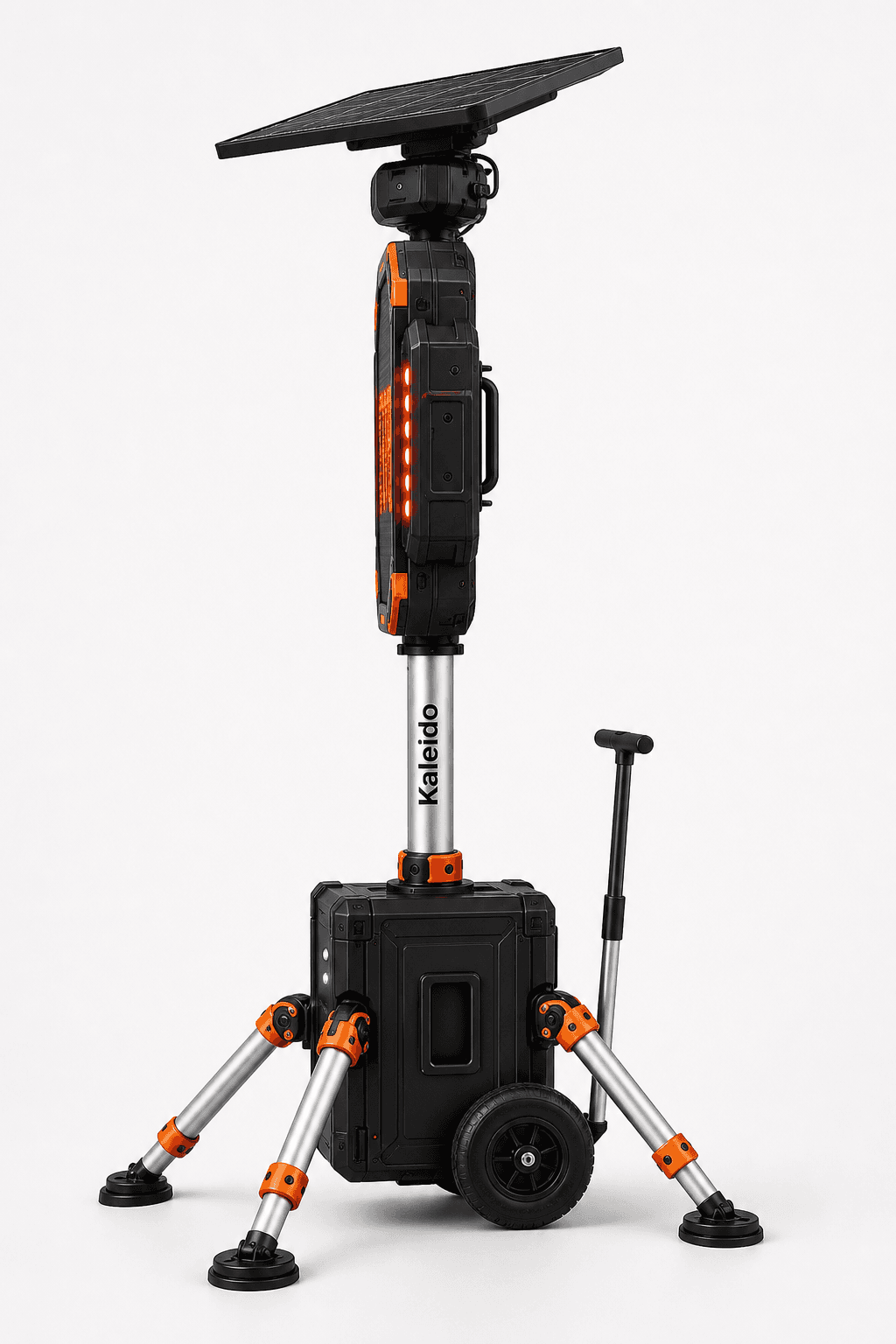 Kaleido final side render showing shallow display depth, solar plane, wheels, and tripod