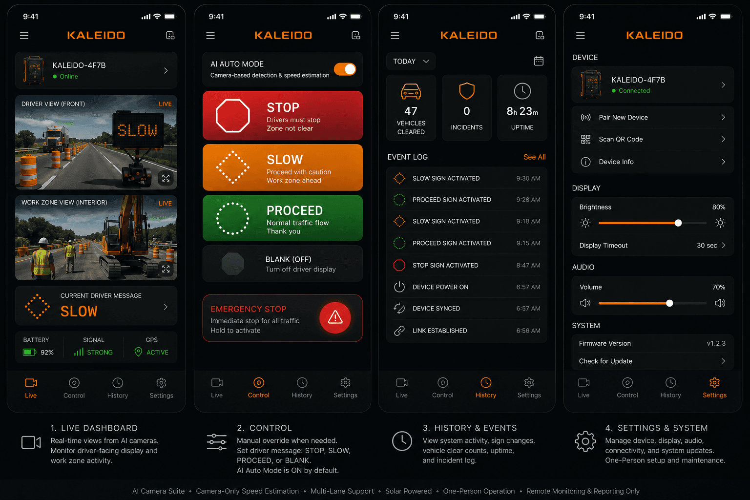 Kaleido operator interface studies for setup, health, remote review, and manual control