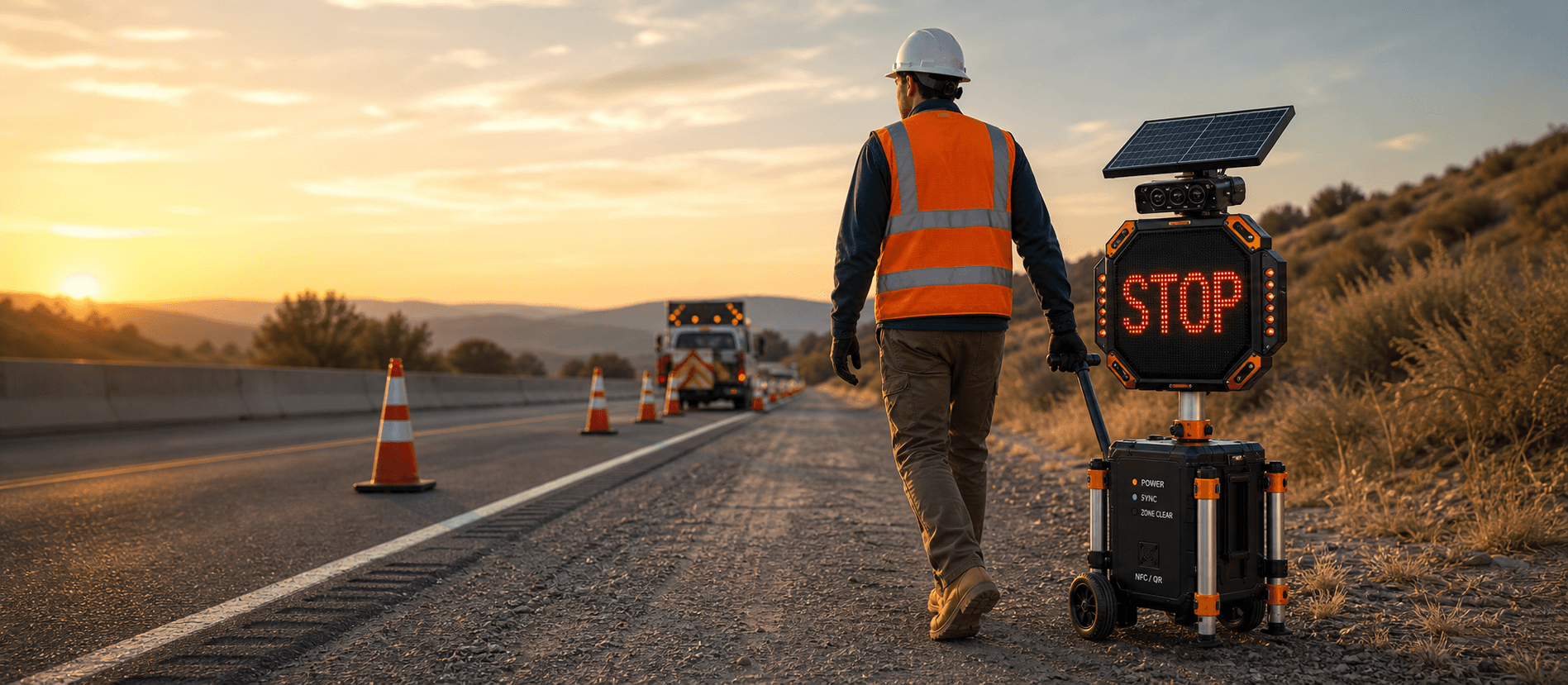 Worker transporting the folded Kaleido unit on a roadside