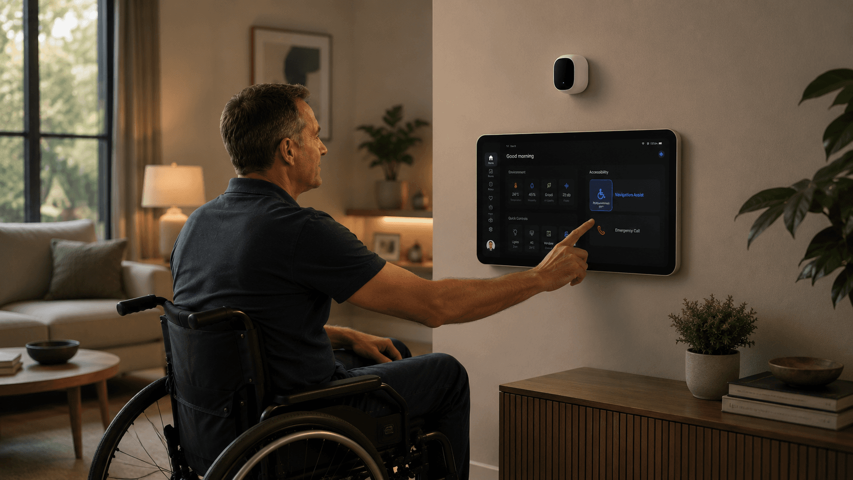 Wheelchair user operating the SENSORY wall interface