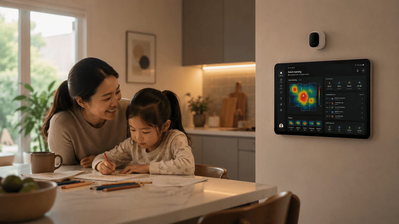 Family viewing a SENSORY home map on the wall display