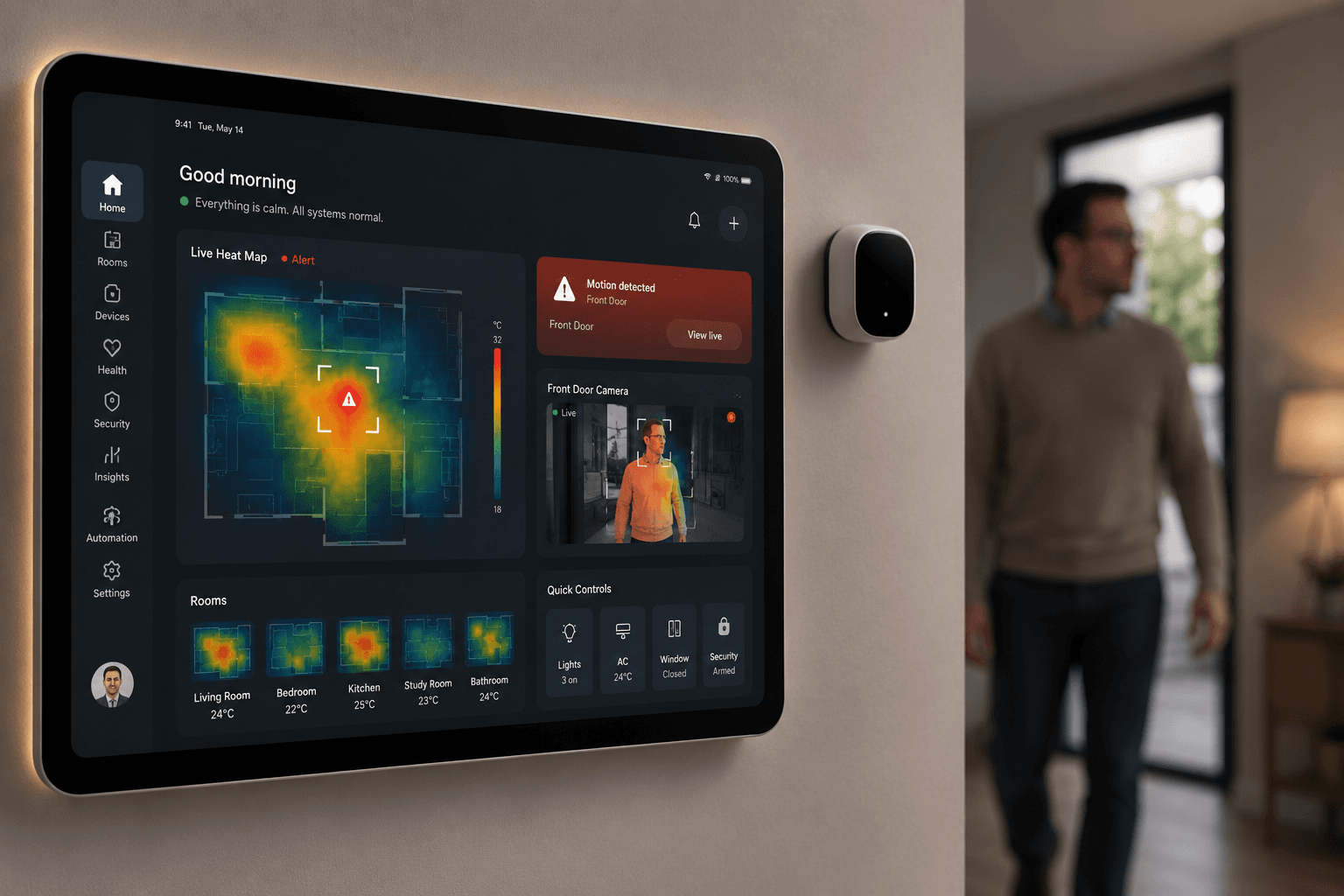 SENSORY home heat-map dashboard with household activity and controls