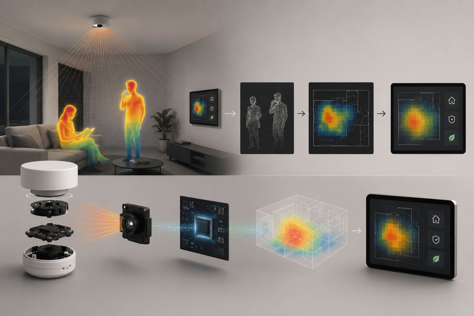 Thermal sensing system from ceiling sensor to home heat map interface