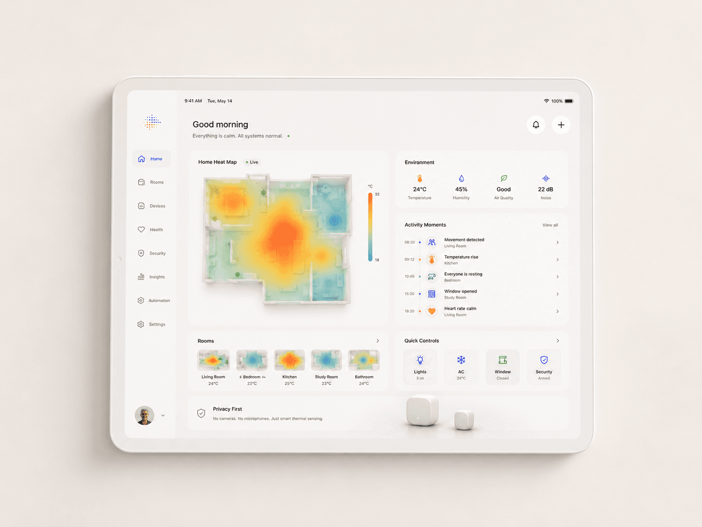 SENSORY dashboard shown on a tablet-like home display