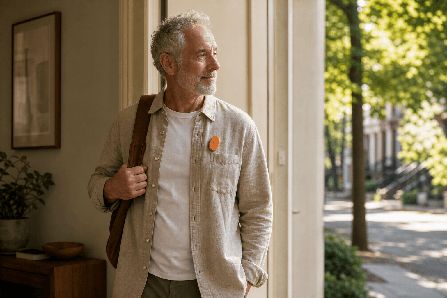 Slice clipped visibly to an older adult's overshirt before leaving home