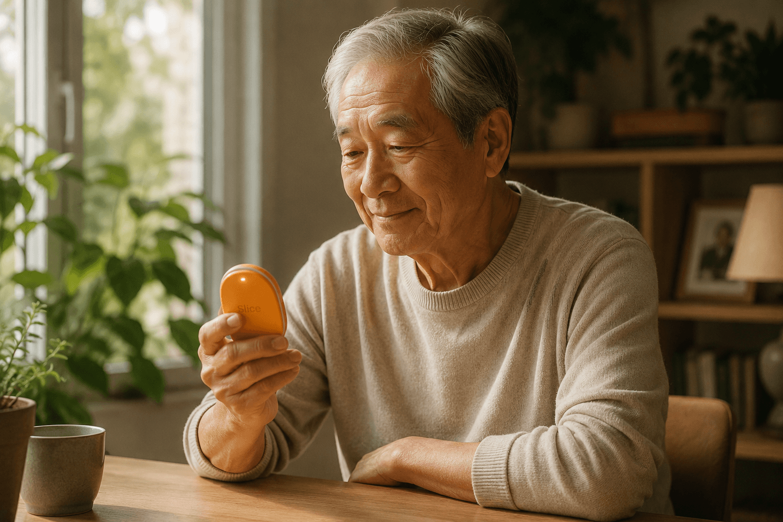 Older adult speaking with the Slice wearable at home