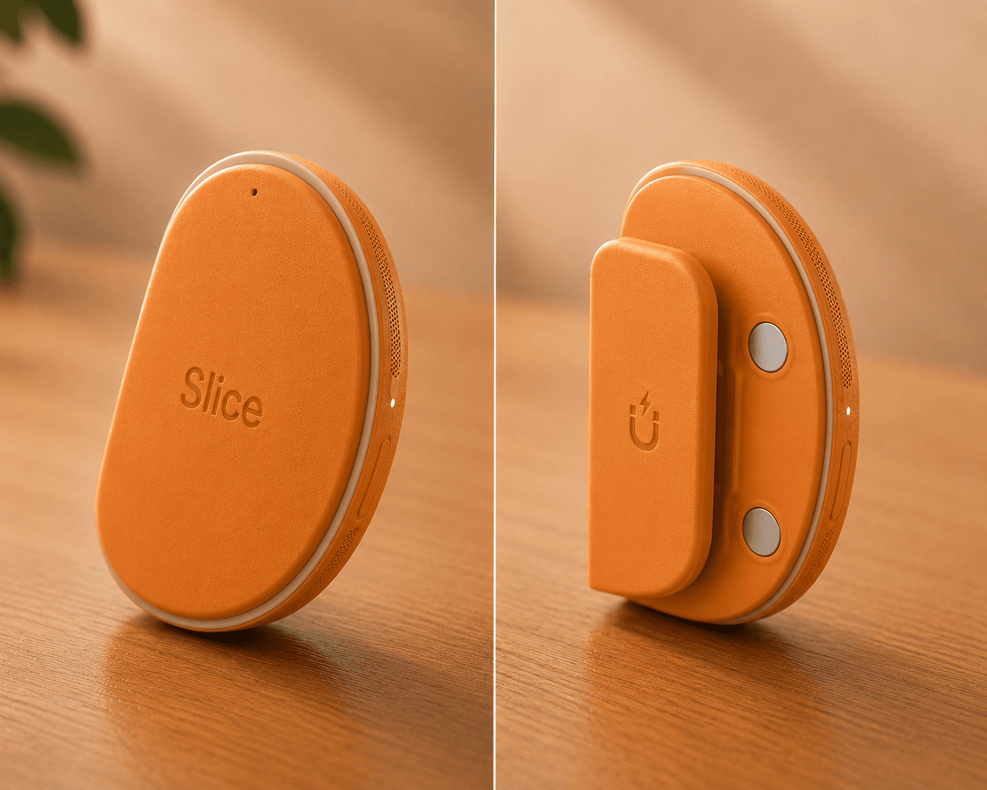 Front and rear views of the Slice wearable and magnetic clip