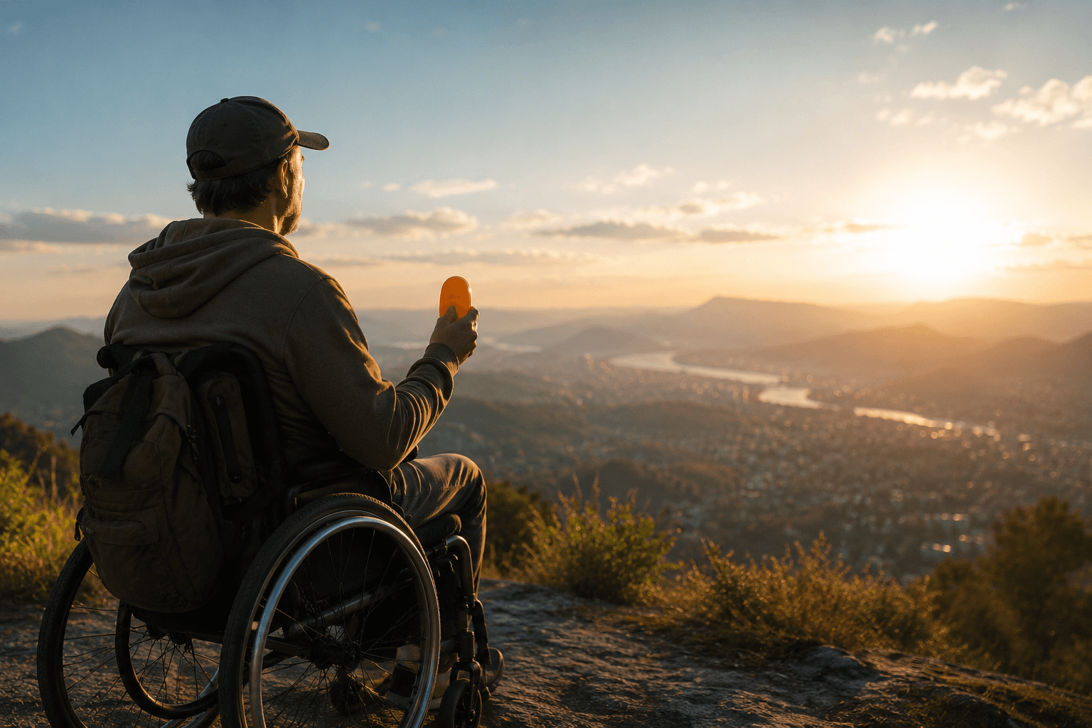 Wheelchair user carrying Slice during an outdoor day