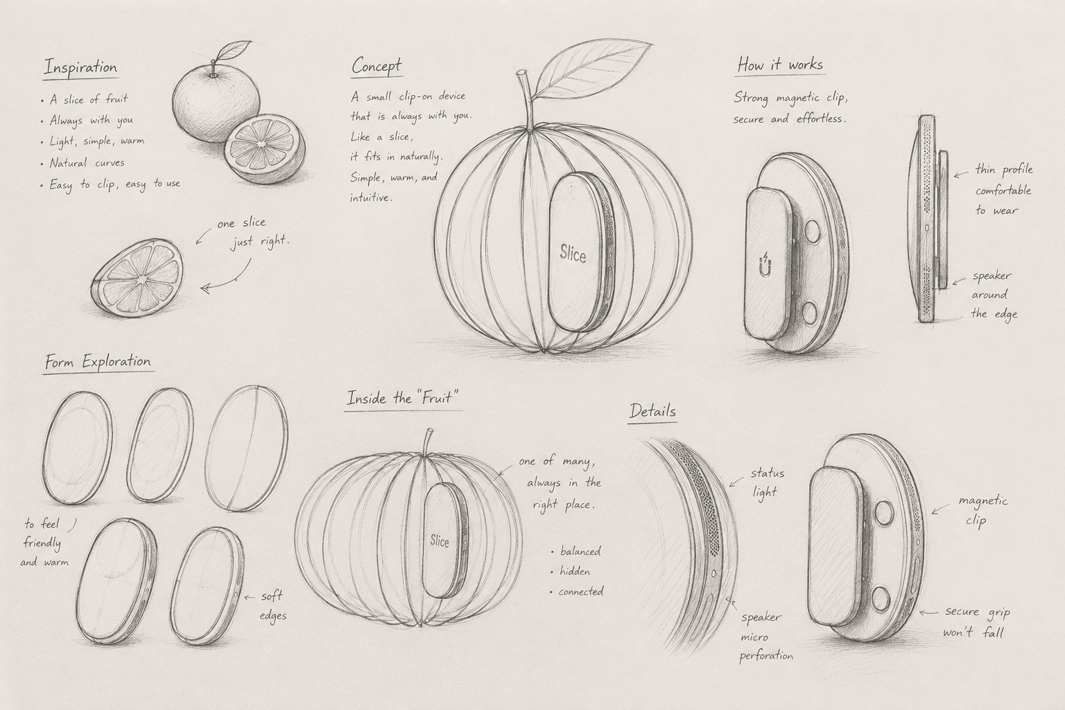 Slice concept sketches explaining the fruit metaphor and magnetic clip